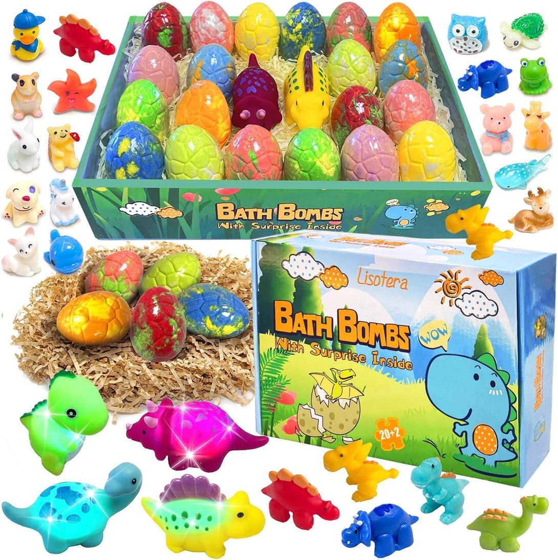 Bath Bombs for Kids with Surprise Inside, 20 Pack Kids Bath Bombs Gift Set for for Boys Girls, Dino Egg Bath Bomb Gentle Bubble Kit with 2Pcs Dinosaur Bath Toy for Birthday, Christmas, Easter