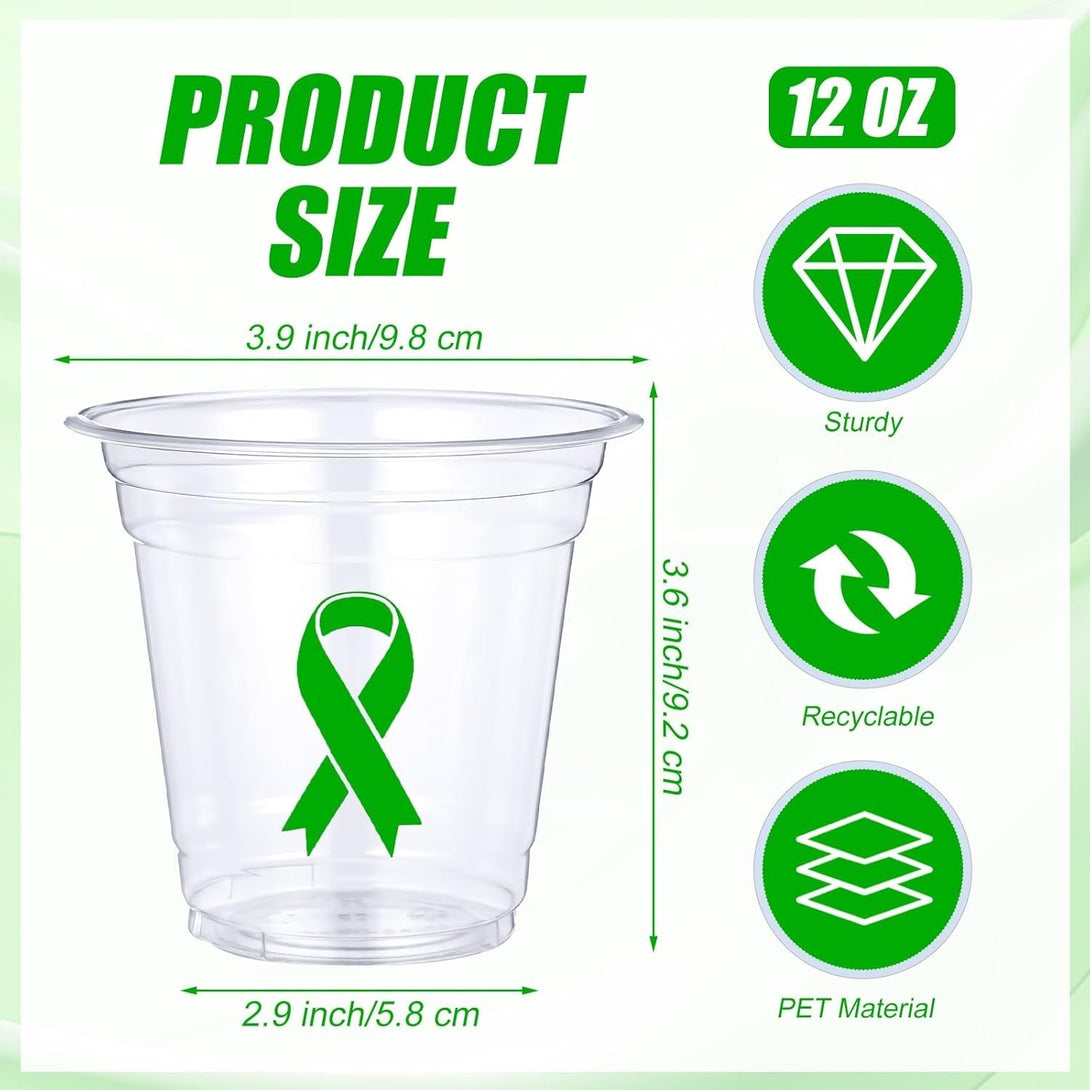 Baderke 50 Pcs Mental Health Awareness Green Ribbon Plastic Cups Bulk Disposable 12Oz Liver Cancer Awareness Plastic Cups for Transplant Bipolar Disorder Environment Issue