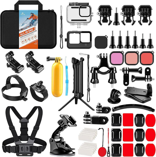 HONGDAK Action Camera Accessories Kit for Gopro Hero 12 11 10 9 Black, Waterproof Housing+Silicone Case+3Way Adjustable Arm+Head Chest Wrist Strap+Bike Mount+Suction Cup+Floating Grip Bundle Set 63In1