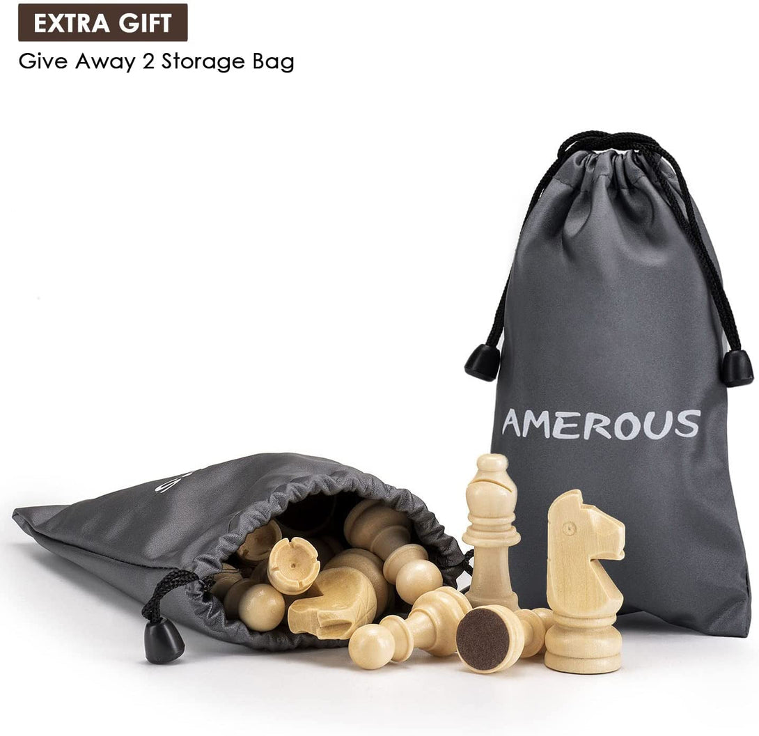 AMEROUS Wooden Chess Pieces Only, Staunton Style Wood Chessmen with 3.15" King - Storage Bag - Gift Packed Box, Tournament Chess Game Pawns for Replacement of Missing Pieces
