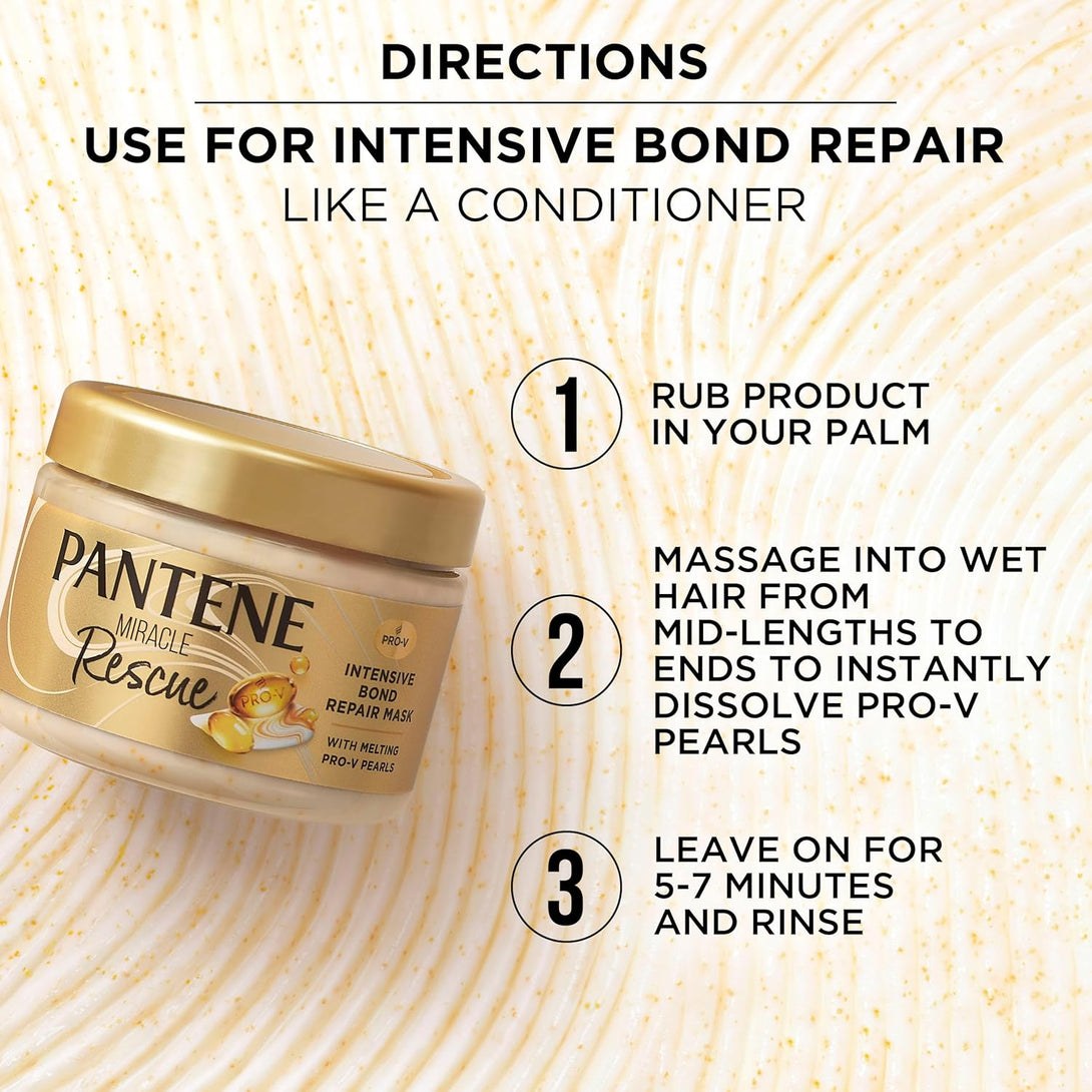 Pantene Miracle Rescue Hair Mask, Intensive Bond Repair with Melting Pro-V Pearls, Melts Away Damage, Builds Bonds, Strengthens against Damage, Deep Conditioning for Dry Damaged Hair, 10.1 Fl Oz