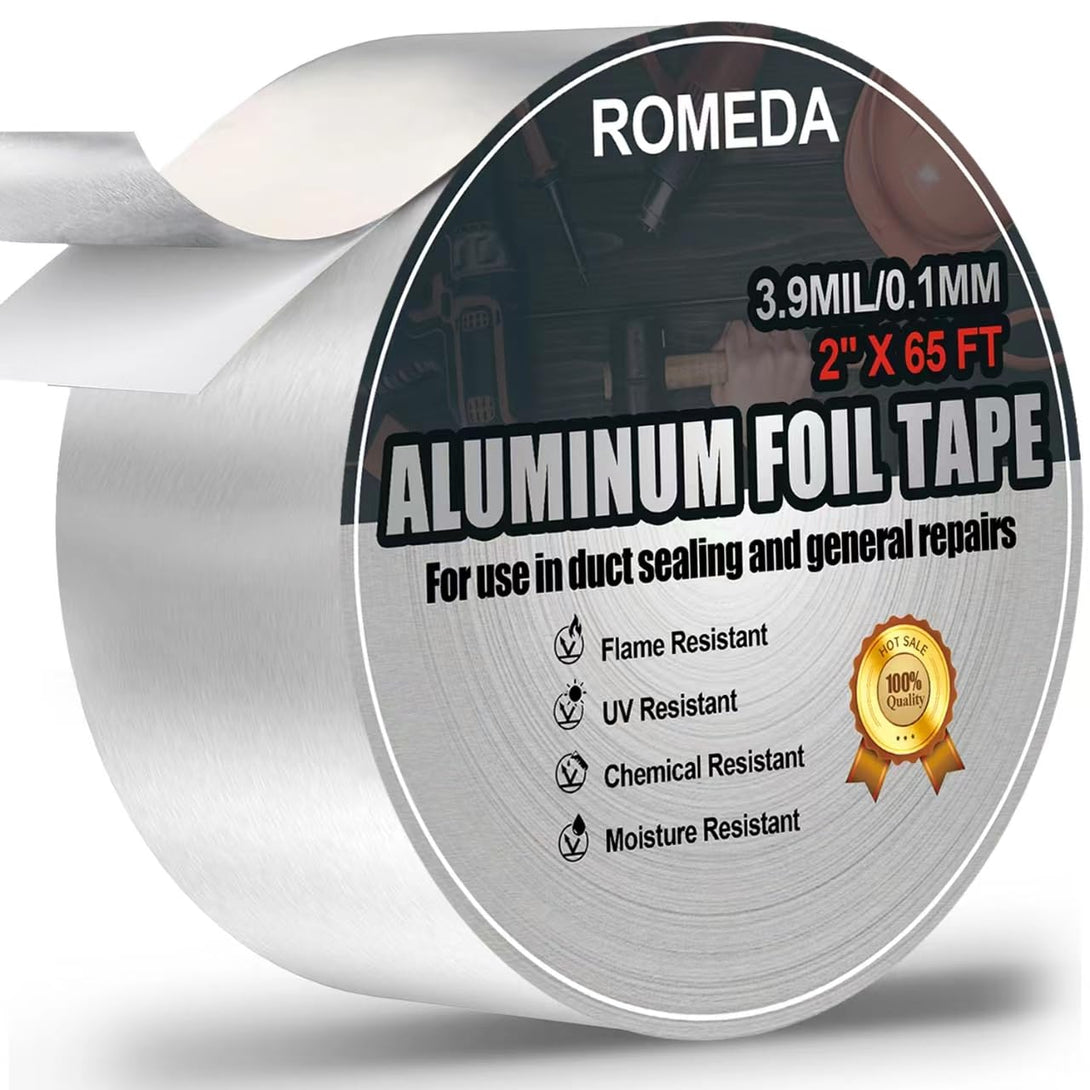 Romeda Aluminum Tape, 2 Inch X 65 Feet Foil Tape (3.9 Mil), Insulation Adhesive Metal Tape, High Temperature Heavy Duty HVAC Tape, Silver Tape Aluminum Foil Tape for Ductwork, Dryer Vent, HVAC