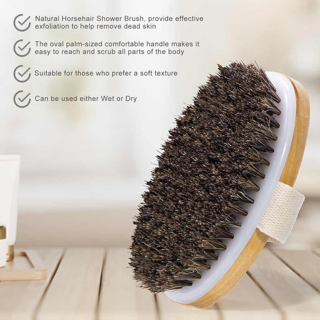 Dry Brushing Body Brush, Natural Horsehair Body Brush for Lymphatic Drainage, Cellulite and Blood Circulation, Dry Skin Exfoliating Brush Body Scrubber for Cleaning and Soft Skin, Brown