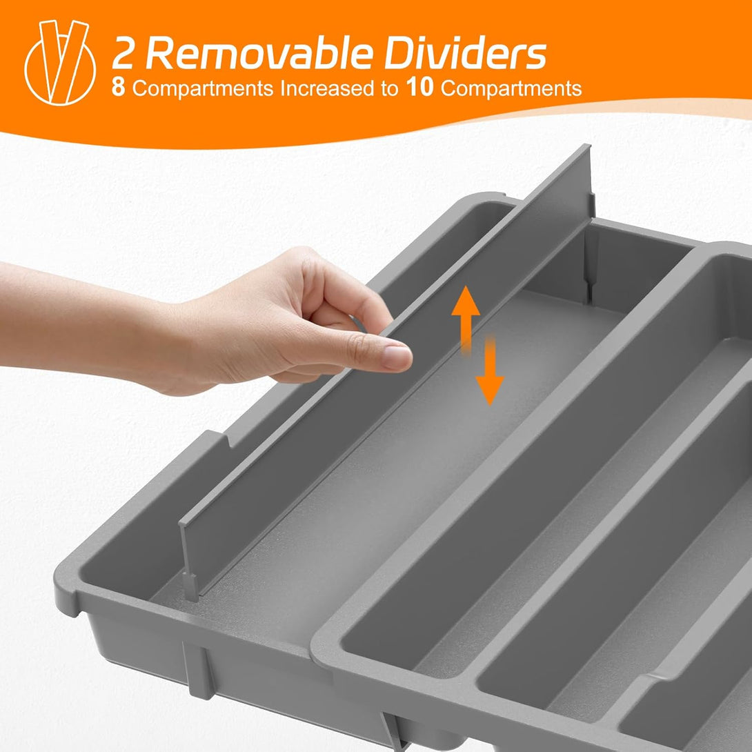 Idavosic.Ly Silverware Drawer Organizer, Expandable Utensil Tray for Kitchen Drawers, Adjustable Plastic Cutlery Flatware Holder for Knife Fork Spoon with 8-10 Compartments (Large, Gray)