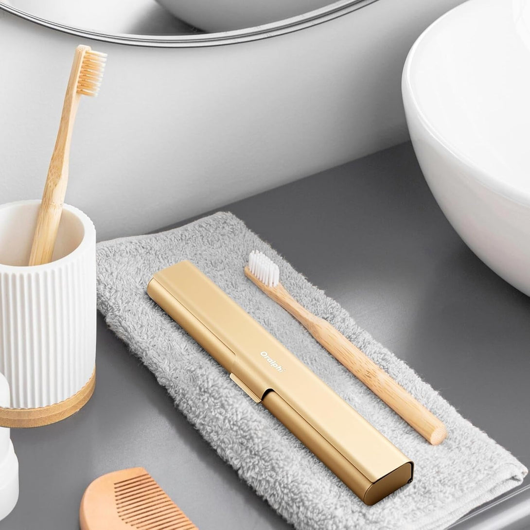 Aluminum Toothbrush Travel Case, Portable Travel Toothbrush Holder, Durable Manual Toothbrush Box Container for Traveling, Bathroom, Camping, Business Trip-Gold