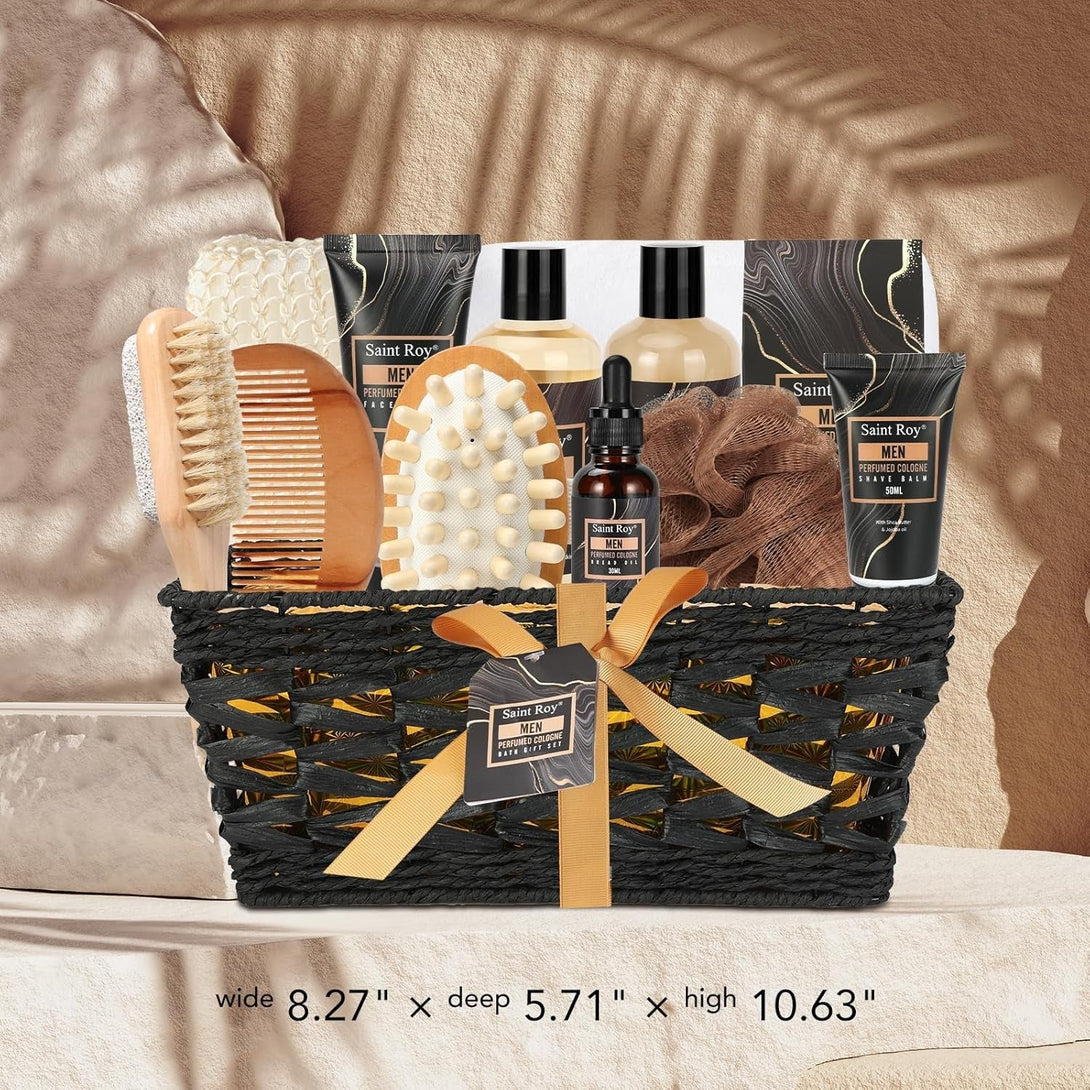 Valentines Day Gifts for Him Fathers Day Bath Perfume Gift Set for Men, 14 Pcs Spa Basket with Classic Perfume Kit, Personal Self Care Shaving Kit Relax Included Scubber, Beard Oil, Bath Pillow More