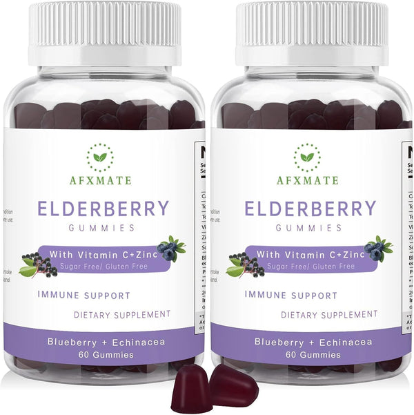 AFXMATE Sambucus Elderberry Gummies, Black Elderberry Gummy with Zinc and Vitamin C for Adults, Sugar Free Kids Multivitamin Gummies Immune Support* Supplement (2 Pack)