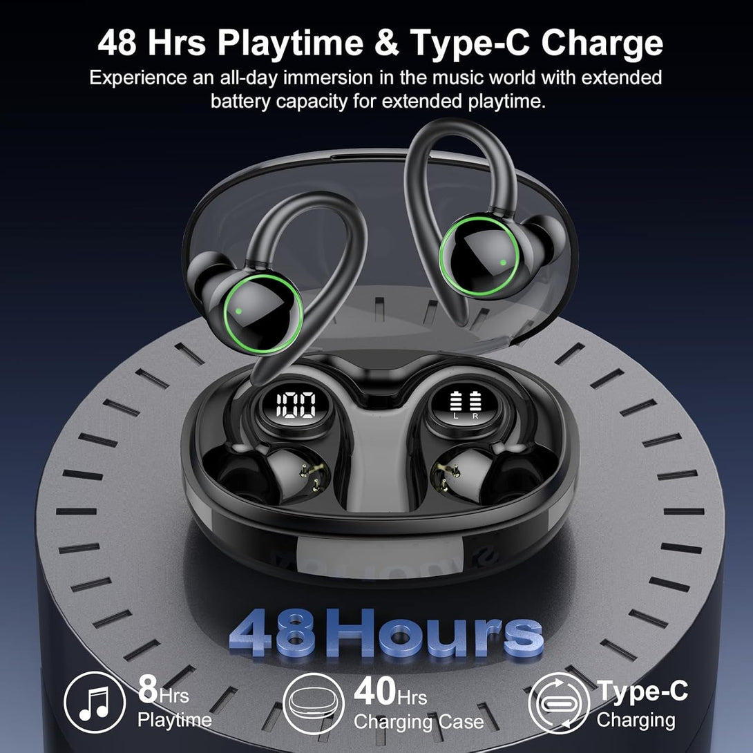 Wireless Earbuds, Bluetooth 5.3 Headphones Sport, over Ear Buds with ENC Noise Cancelling Mic, 48H, Wireless Earphone with Earhooks, Stereo Deep Bass, IP7 Waterproof Headset for Workout Running, Black