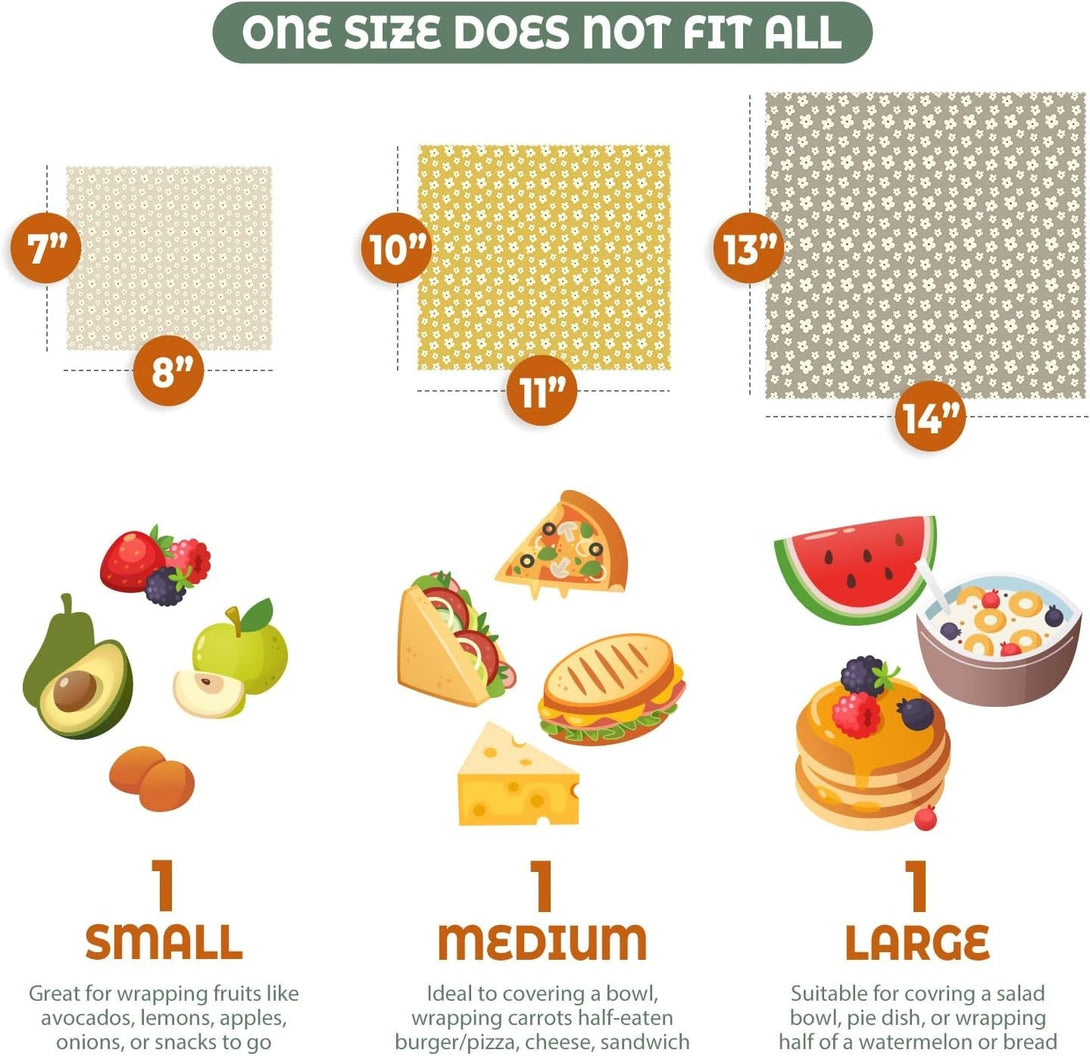 Akeeko Reusable Beeswax Food Wraps - Assorted 3 Packs, Reusable, Plastic-Free Food Storage, 1 Small, 1 Medium, 1 Large Wraps, Dusty Yellow Pattern