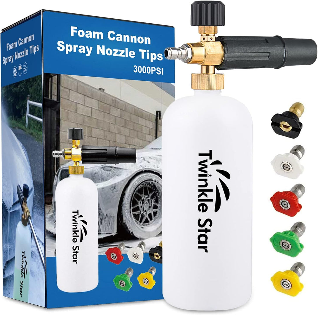 Twinkle Star Foam Cannon 1 L Bottle Snow Foam Lance with 1/4" Quick Connector, 5 Nozzle Tips for Pressure Washer