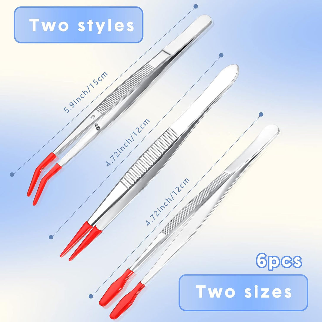 Mixweer 6 Pcs Rubber Tipped Tweezer Set Long Jewelry Tweezer for Jewelry Making Soft PVC Rubber Coated Tip Bent and Straight Flat Tip Tweezer Precision Tweezer for Craft Bead Jewelry Stamps Industrial