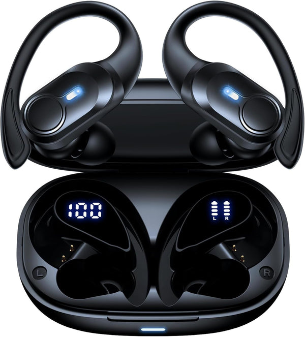Wireless Earbuds Bluetooth Headphones 70Hrs Playback Ear Buds IPX7 Waterproof Wireless Charging Case & Dual Power Display Over-Ear Stereo Bass Earphones Earhooks for Sports/Workout/Running Black