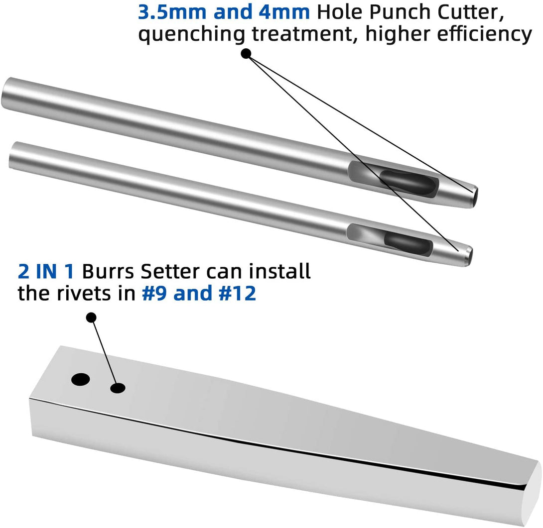 Junesunshine 84Pcs, Copper Rivets and Burrs, #9 and #12 Burrs Setter, Leather Rivets Fastener Install Setting Tool with 4Mm Leather Hole Punch Cutter for Belts Wallets Collars Leather Working Supplies