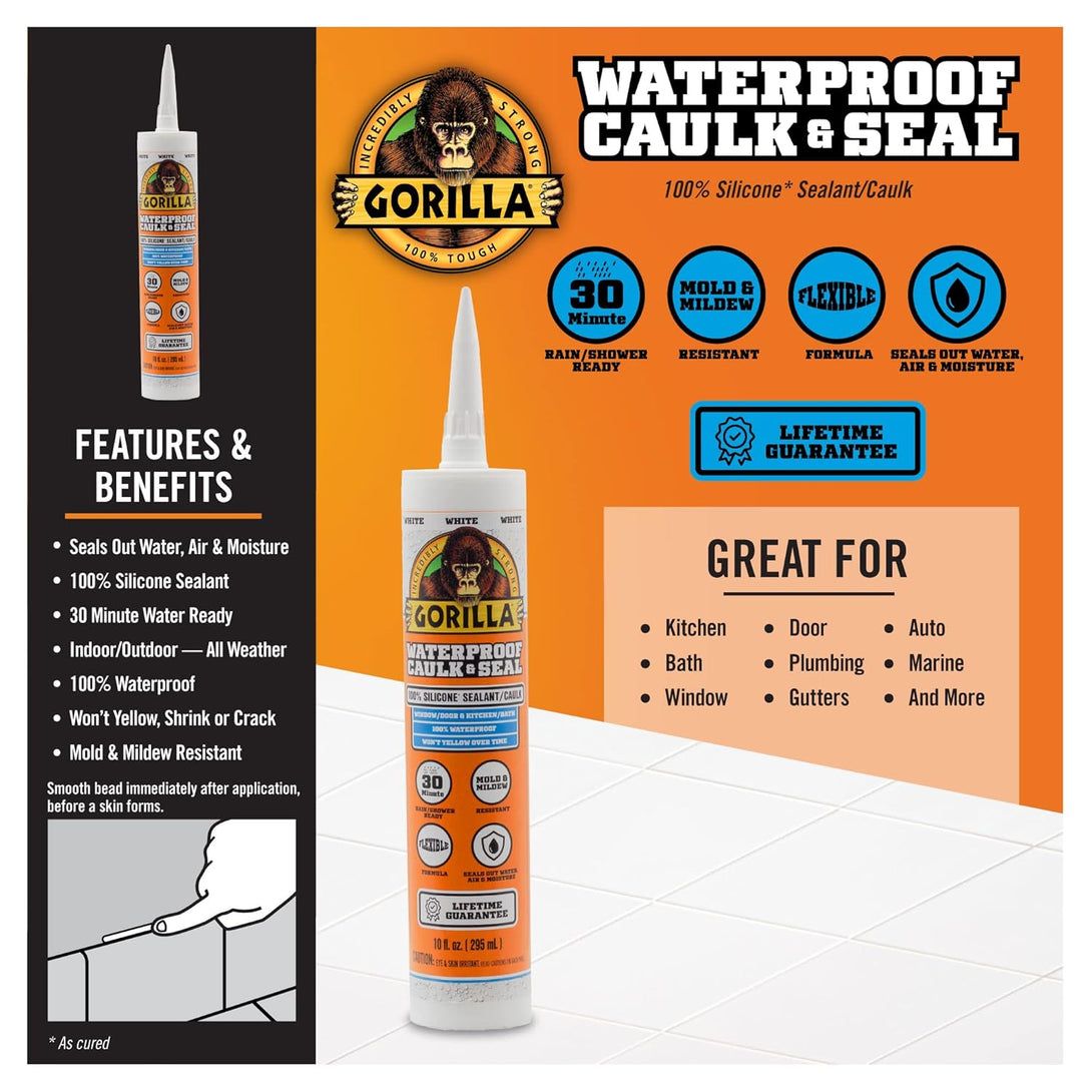 Gorilla Waterproof Caulk & Seal 100% Silicone Sealant, White, 10Oz Cartridge (Pack of 1)