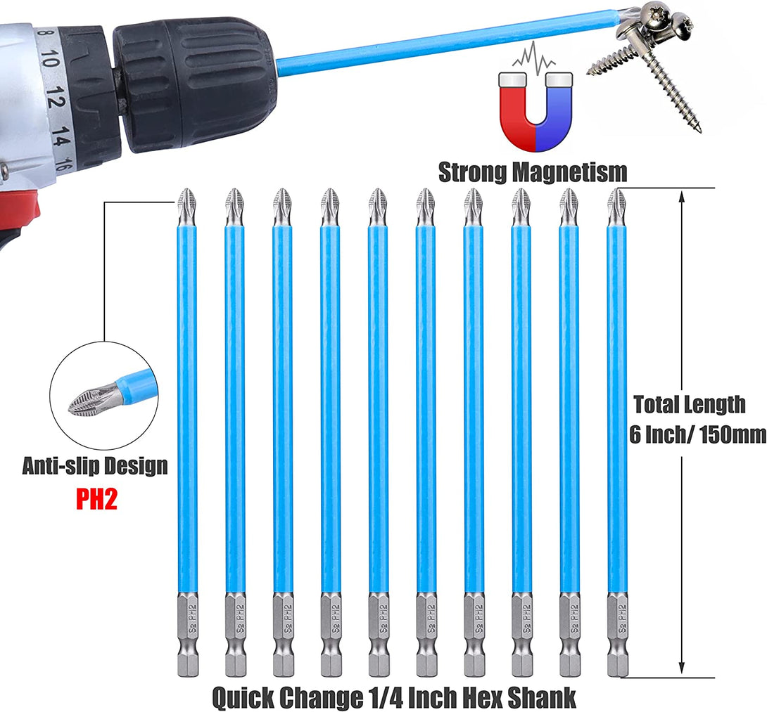 Yakamoz 10Pcs 6-Inch Long Phillips Screwdriver Bit Set Magnetic Ph2 Impact Driver Bits #2 Phillips Bits with 1/4" Hex Shank for Impact Drill