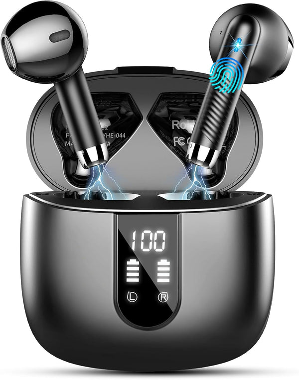 Wireless Earbuds, 2024 Bluetooth Headphones V5.3 Ear Buds Built-In ENC Noise Cancelling Mics, 40H Stereo Bass Bluetooth Earbuds with Dual LED Display, IP7 Waterproof Earphones for Android Ios, Black