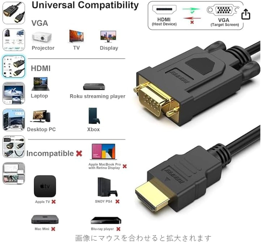 BENFEI HDMI to VGA 6 Feet Cable, Uni-Directional HDMI Computer to VGA Monitor Cable (Male to Male) Compatible for Computer, Desktop, Laptop, PC, Monitor, Projector, HDTV, Roku, Xbox