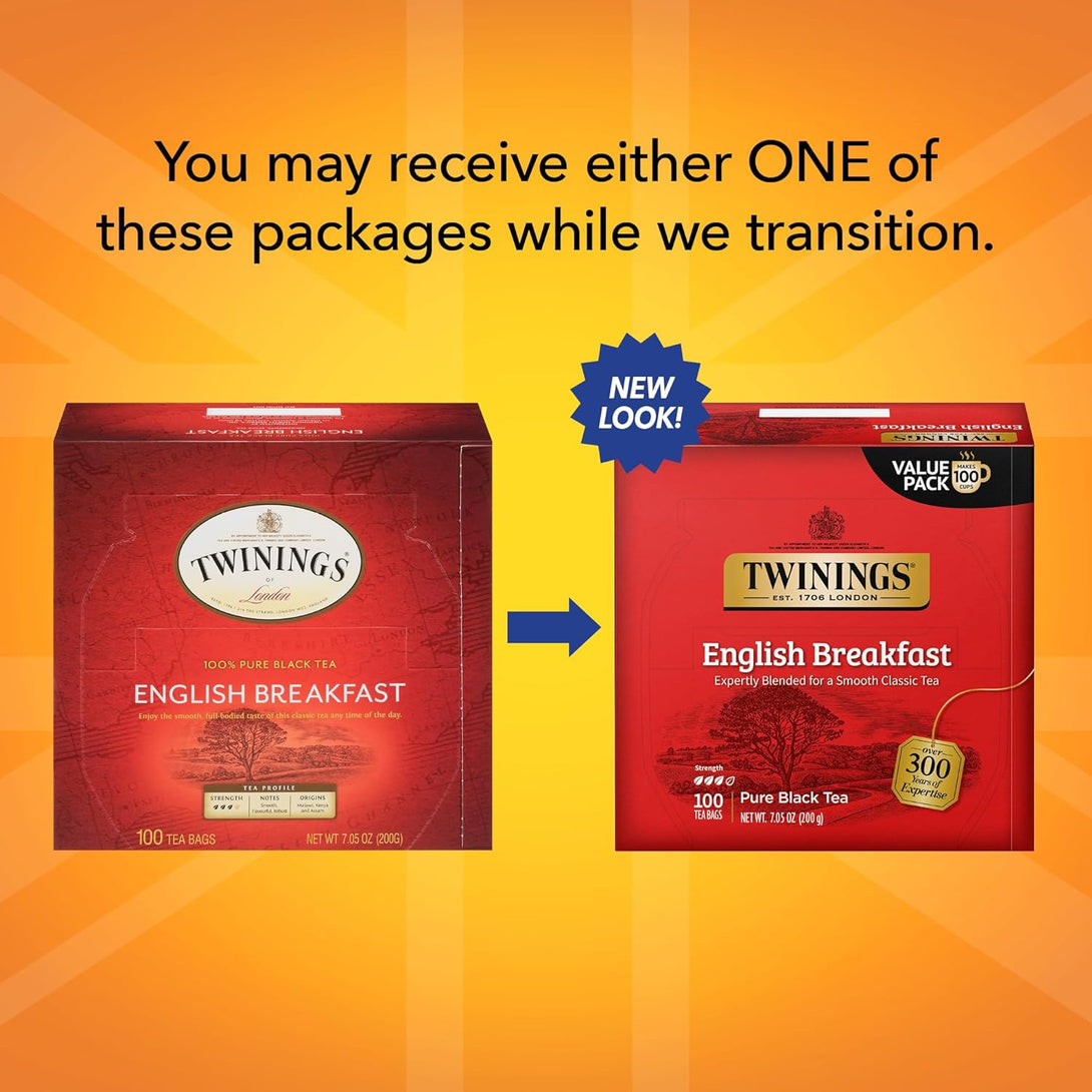 Twinings English Breakfast Black Tea Individually Wrapped Bags, 100 Count (Pack of 1), Smooth, Flavourful, and Robust, Caffeinated, Enjoy Hot or Iced | Packaging May Vary