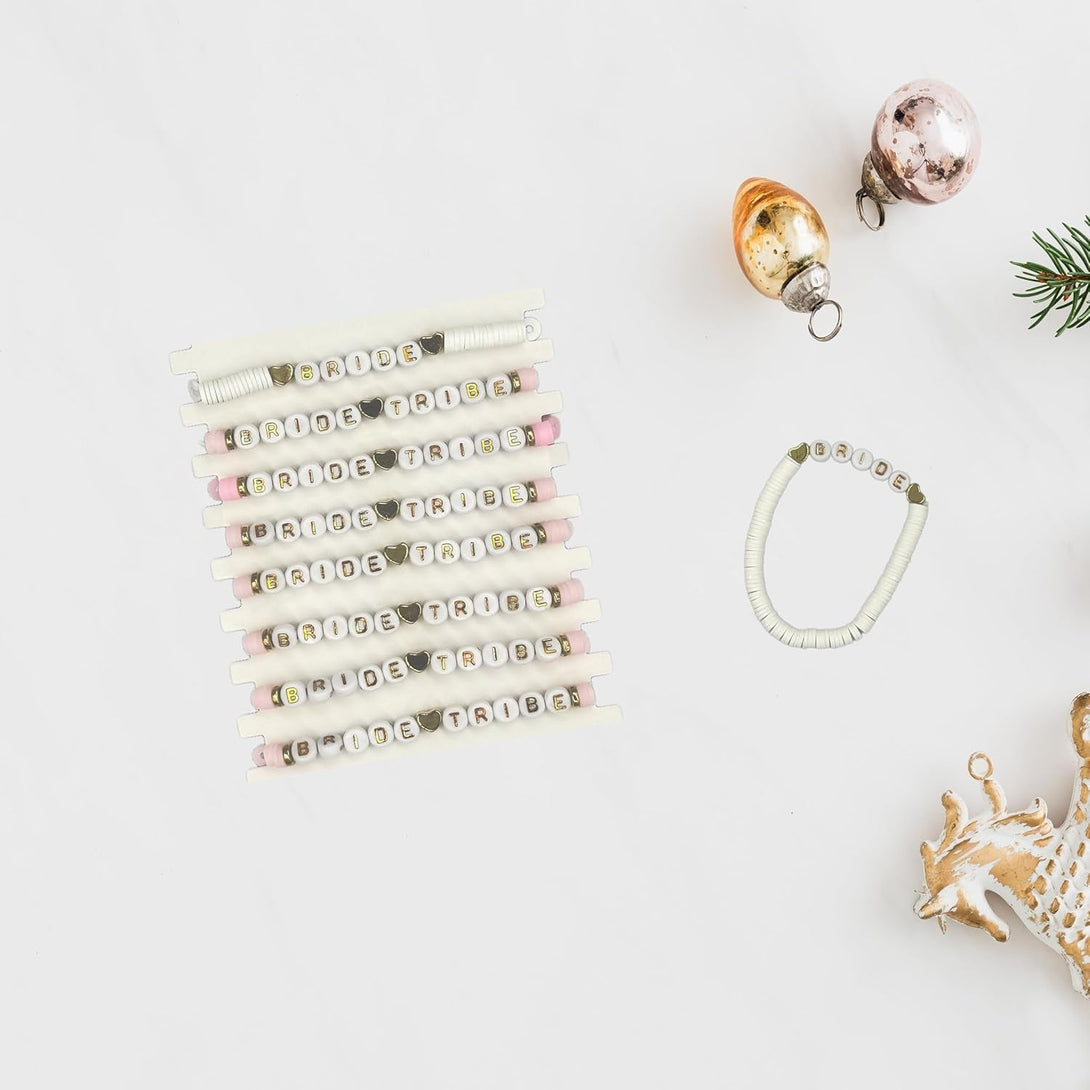 Bachelorette Party Favors, Wedding Gifts, 8 Pcs 6.7 Inch Pink Bride Tribe Clay Bead Bracelet Preppy Bracelet Stretch for Women Bridal Shower Decorations Boho Disc Party Beach Supplies (1White + 7Pink)