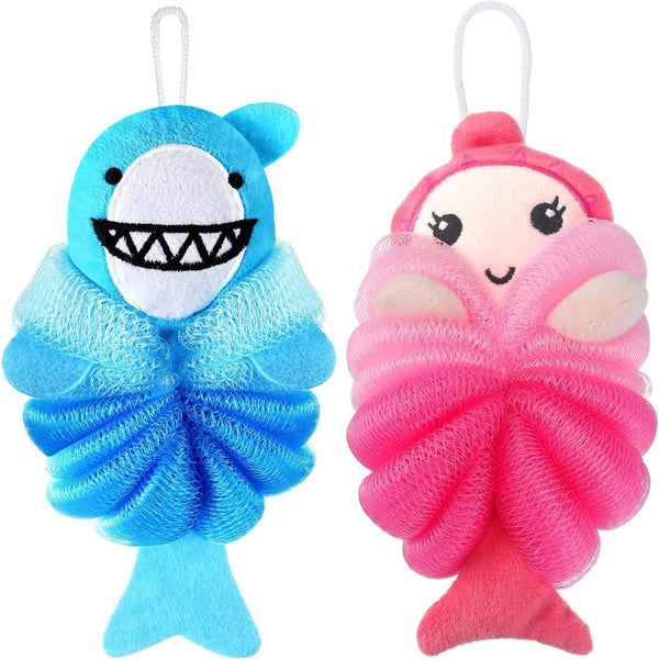Bath Loofahs,Ttdesefu Kids Toddler Body Sponge Cute Cartoon Kids Loofah,Bath Sponge Shower Puff Soft Loofah Sponge Pouf Exfoliating Mesh Shower Ball (Animal，2 Pcs) (Dark Pink,Blue)