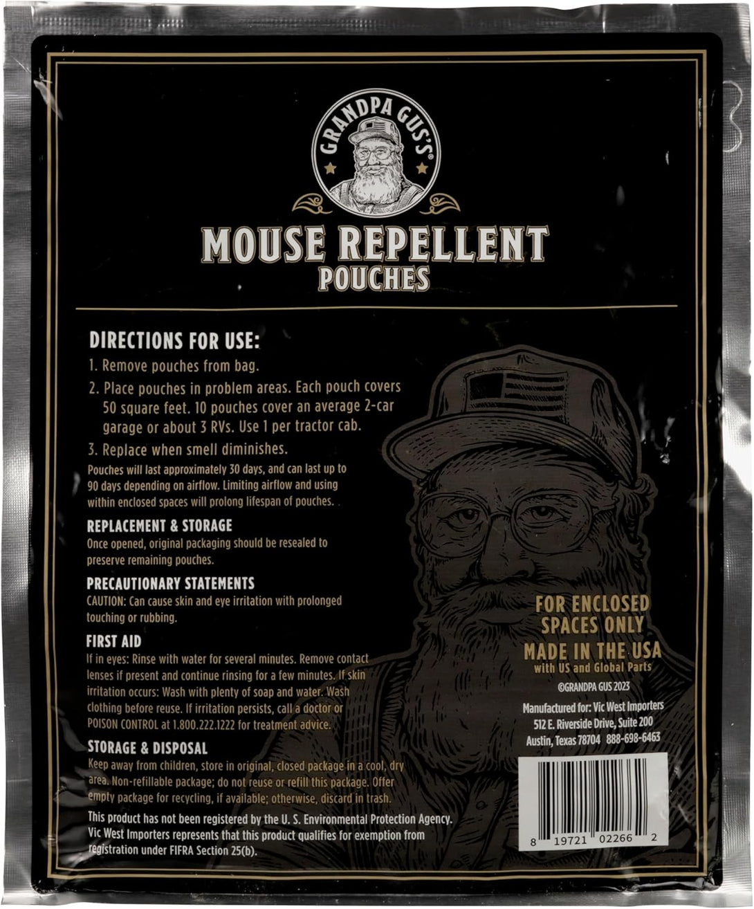 Grandpa Gus'S Extra-Strength Mouse Repellent Pouches, Cinnamon/Peppermint Oils Repel Mice from Nesting & Freshen Air in Car/Rv/Boat/Garage/Shed/Cabin, 1.75 Oz (Pack of 10)