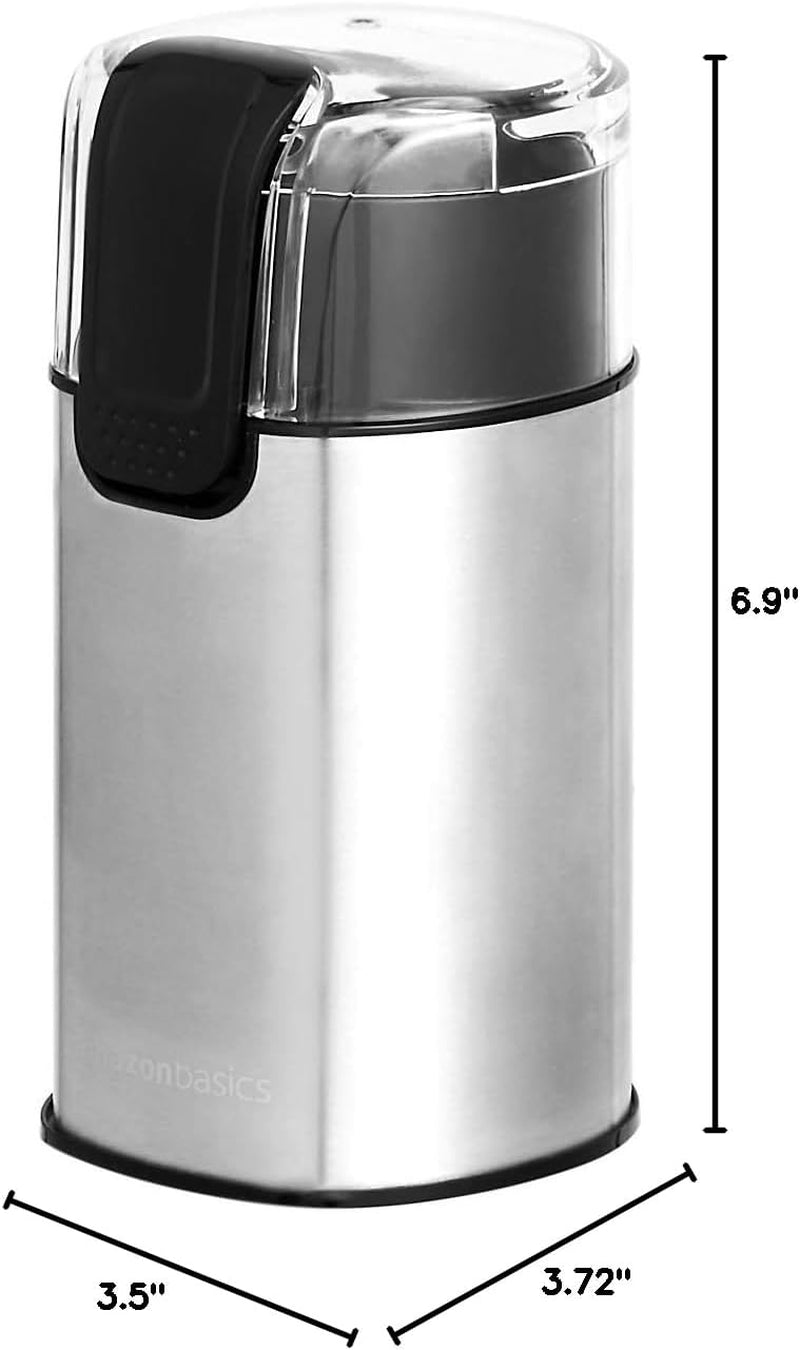 Amazon Basics Electric Coffee Grinder for Home Use, Spice Grinder for Coffee Beans, Herbs, Spices, Grains, Nuts, with Heavy-Duty Stainless Steel Grind Blades, 2.1Oz (60G), 150W, Black & Silver