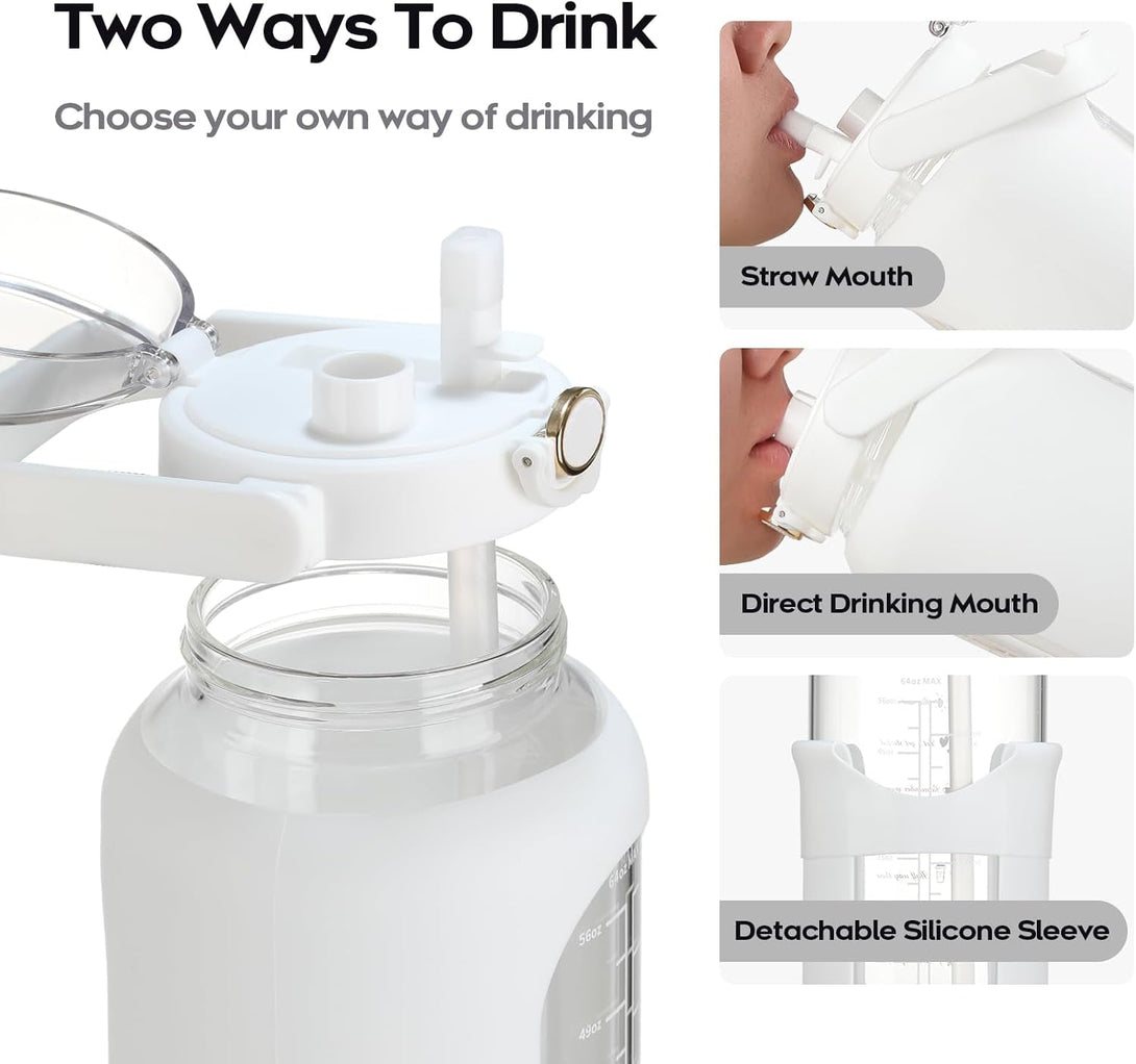 74 Oz Glass Water Bolttles with Straw Large Motivational Water Bottle with Time Marker Sports Water Bottles with Silicone Sleeve and Handle Lid 2.2L Water Jug for Gym Workout