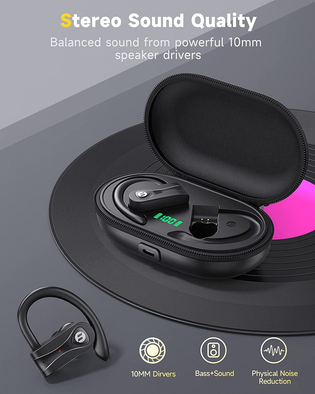 Wireless Earbuds 4 Mic Clear Call Bluetooth Headphones Wireless Charging Case Stereo Bass Sound 60H Playtime over Ear Earphones LED Digital Display Headset with Earhooks for Sports Running Workout Gym