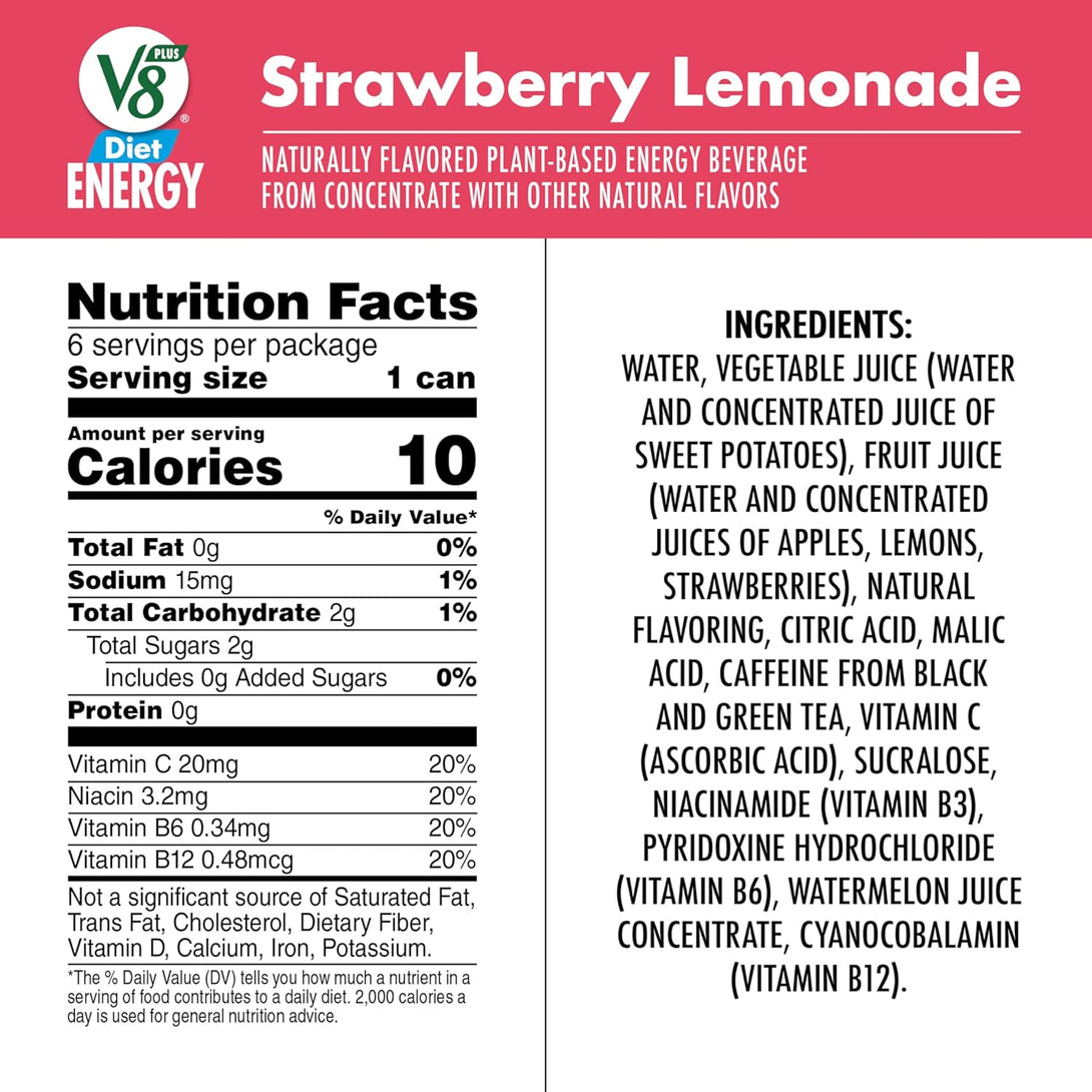 V8 +Energy Diet Strawberry Lemonade Juice Energy Drink, 8 Fl Oz Can (6 Pack)