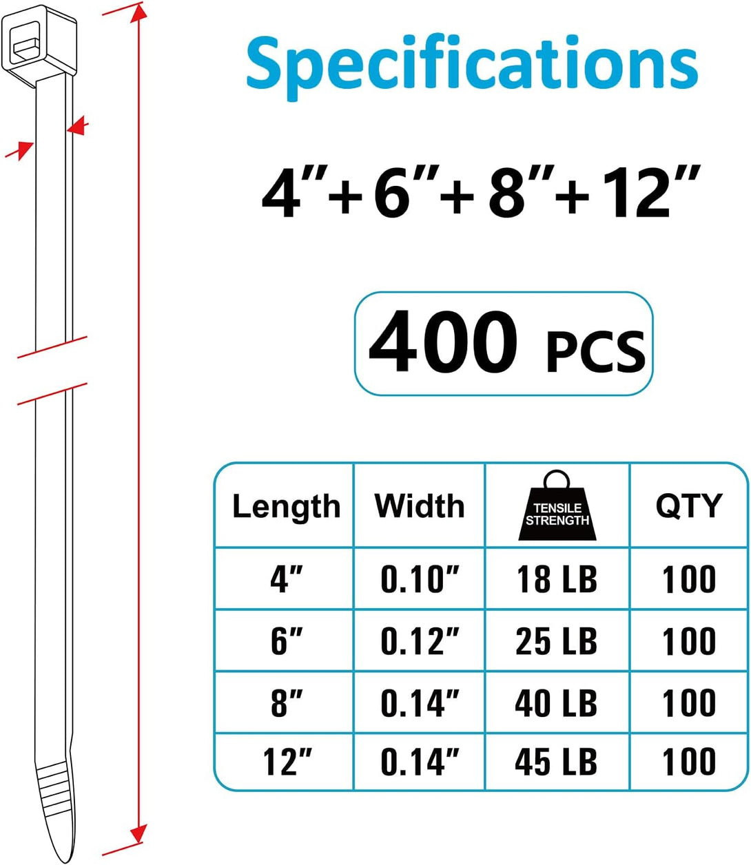 Zip Ties Assorted Sizes(4”+6”+8”+12”), 400 Pack, Black Cable Ties, UV Resistant Wire Ties by ANOSON