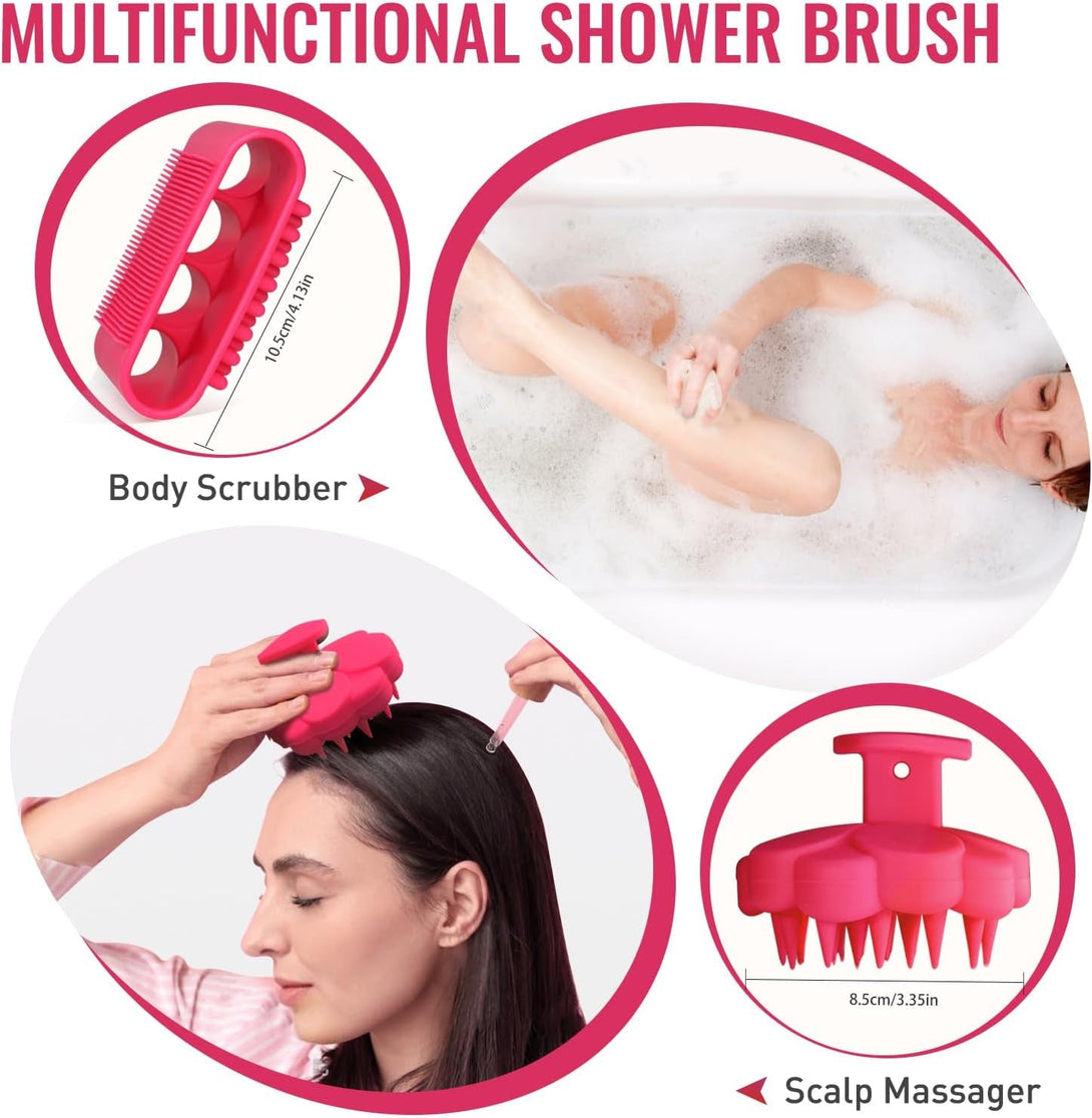 Silicone Body Scrubber Set, Bath Shower Body Brush and Shampoo Brush Scalp Massager Exfoliator with Intensive Bristles and Comfort Handle, Cleanse Skin & Hair,Easy to Clean and Long-Lasting.Red