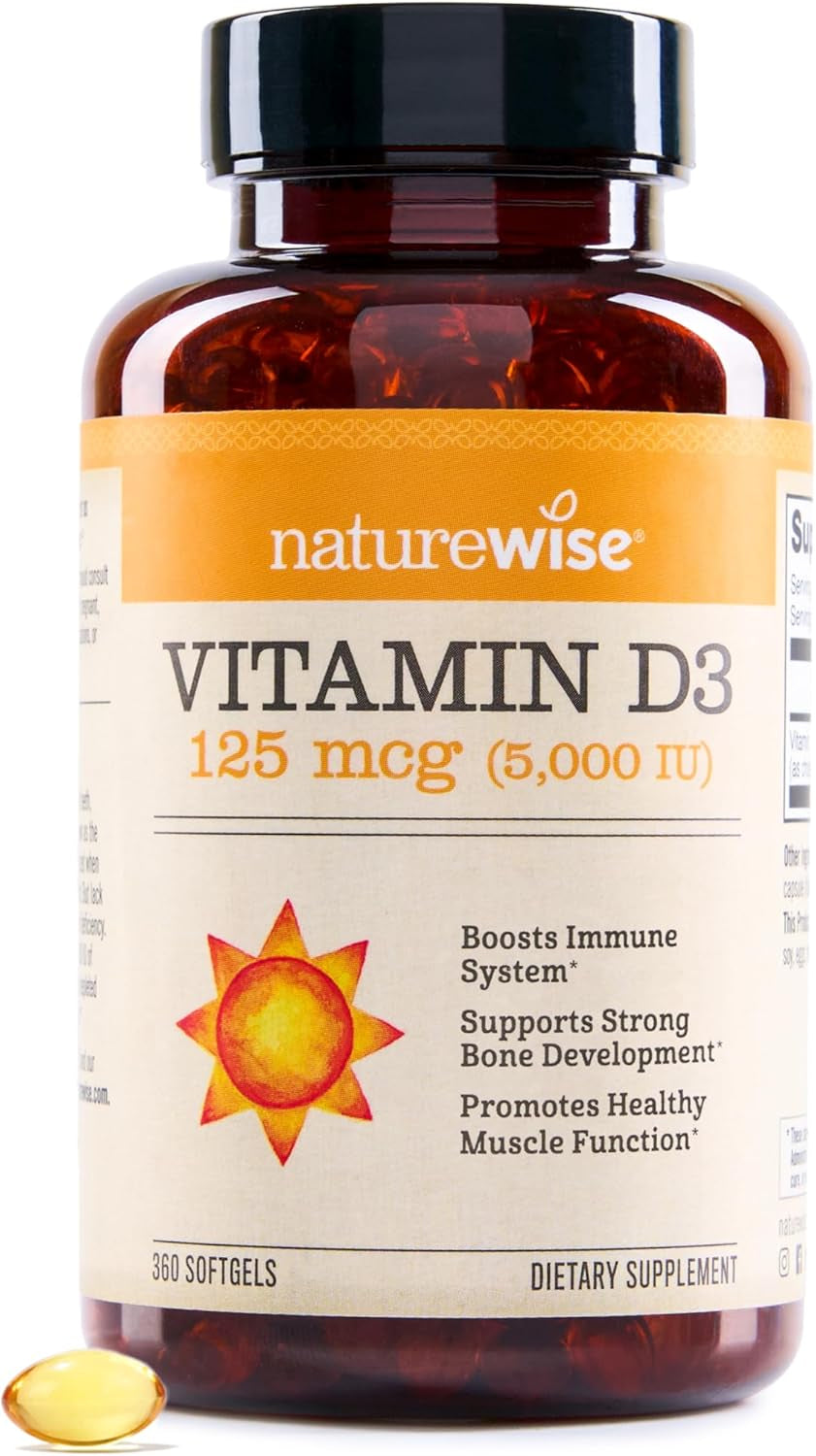 Naturewise Vitamin D3 5000Iu (125 Mcg) 1 Year Supply for Healthy Muscle Function, and Immune Support, Non-Gmo, Gluten Free in Cold-Pressed Olive Oil, Packaging Vary ( Mini Softgel), 360 Count