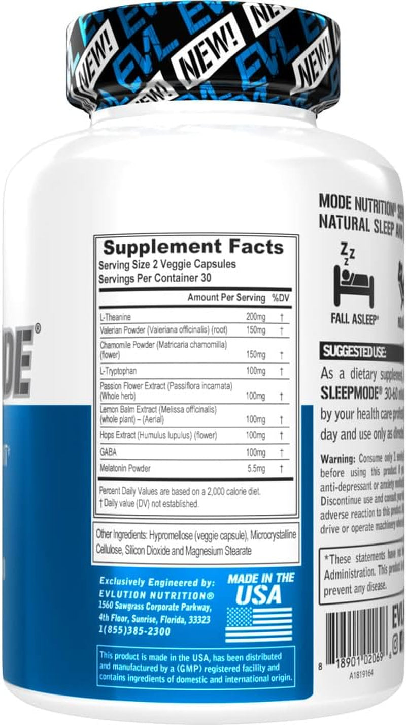 Evlution Nutrition Herbal Complex Sleep Supplements for Adults Gentle Sleep Support Adult Melatonin Pills with Valerian L-Tryptophan Lemon Balm and More - Restful Calm Capsules - 30 Servings