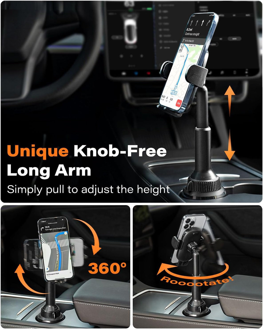 Apps2Car Universal Car Cup Phone Holder | Quick Extension Long Arm | 360° Swivel | Adjustable for Iphone, Samsung, Google, and All Smartphones | Stable & No Shake Design