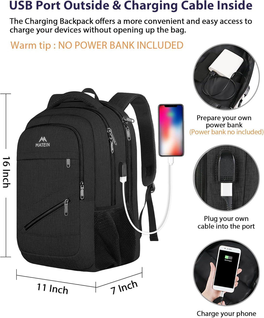 MATEIN 15.6 Inch Backpack for Men Women, Professional Business Laptop Backpack with Multiple Organization Pockets, Water Resistant Casual Daypack for Traveling on Airplane, Black