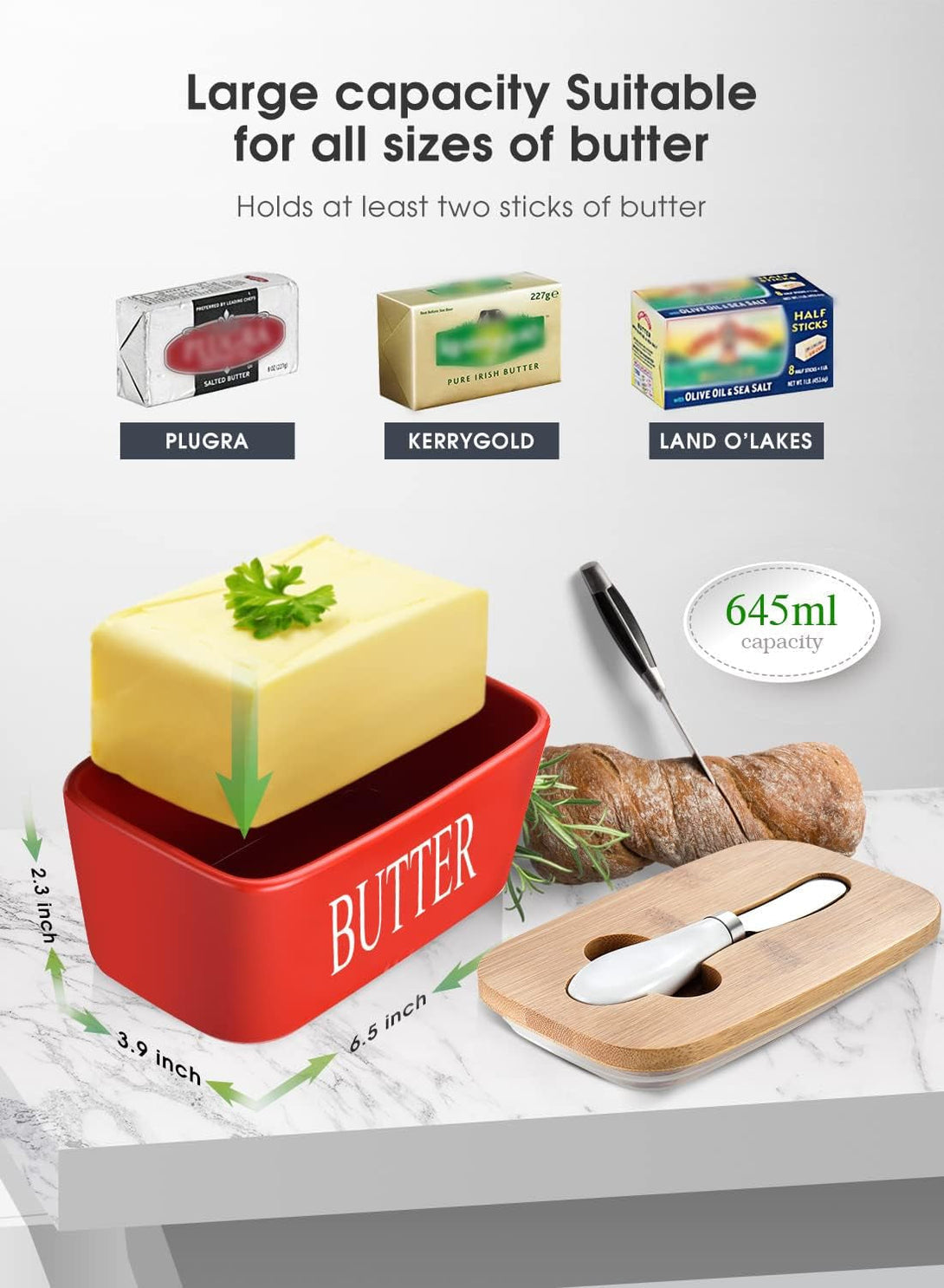 AISBUGUR Large Butter Dish with Lid Ceramics Butter Keeper Container with Knife and High- Quality Silicone Sealing Butter Dishes with Covers Good Kitchen Gift Red 6.3 X 3.5 X 2.7 Inches