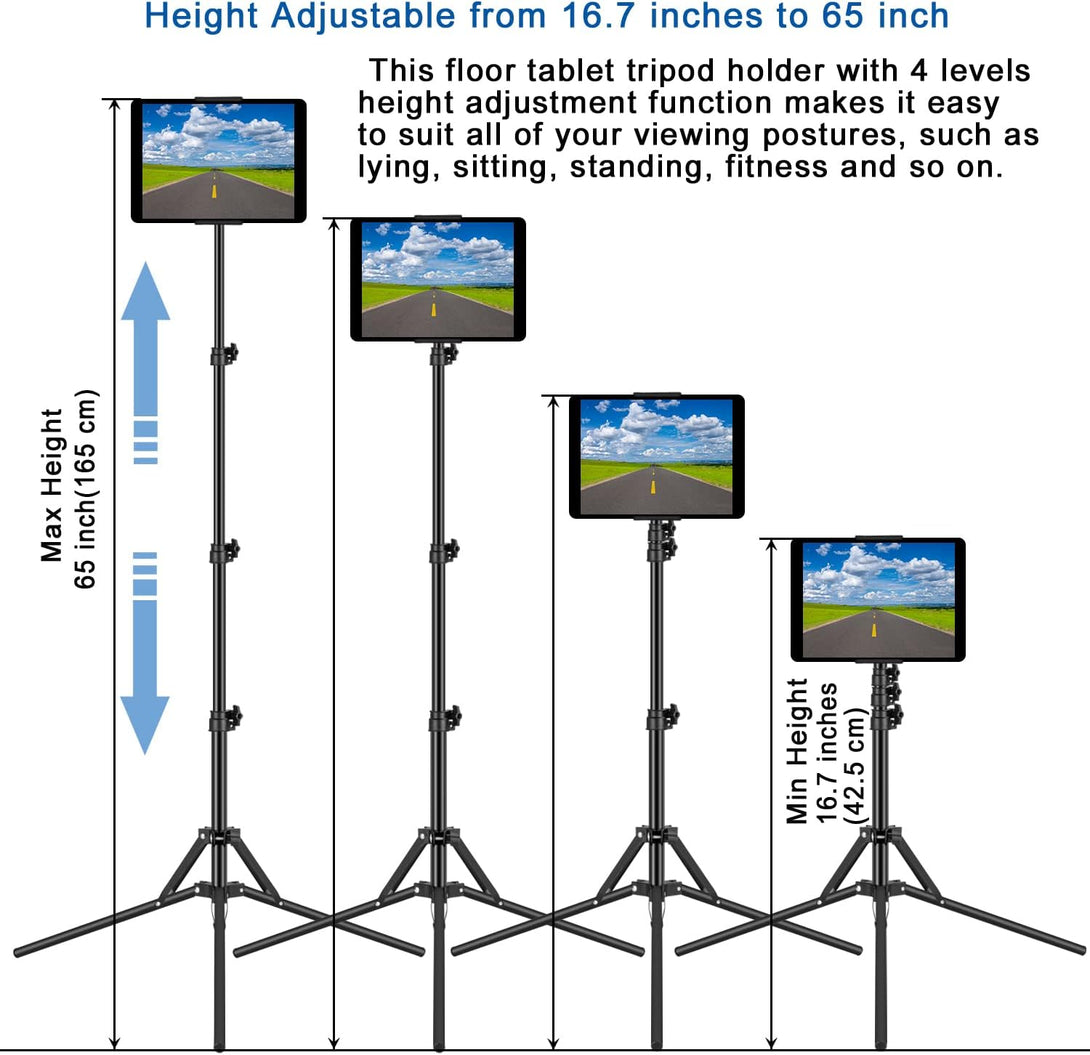 Tripod Floor Stand, with 65 Inch Height Adjustable Stand Holder & 360° Rotating Ipad Tripod Mount for Ipad Pro, Iphone, Kindle, and All 4.5-12.9 Inch Tablets