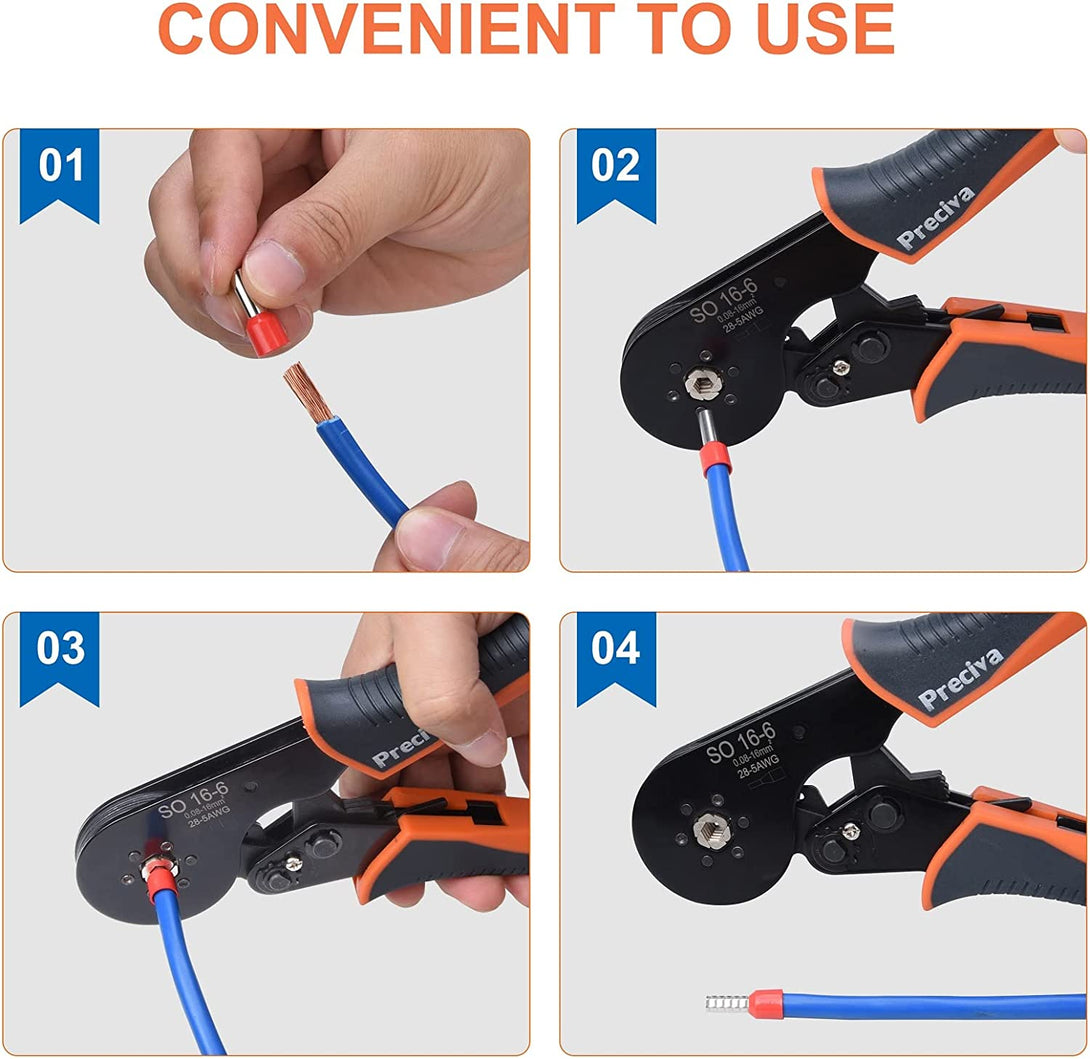 Hexagonal Ferrule Crimper, Preciva 16-6 Hexagonal Jaw Wire Crimping Pliers AWG 28-5 (0.08-16Mm²) Self-Adjustable Ratchat Wire Crimping Tools for Wire Terminals Cables End-Sleeves