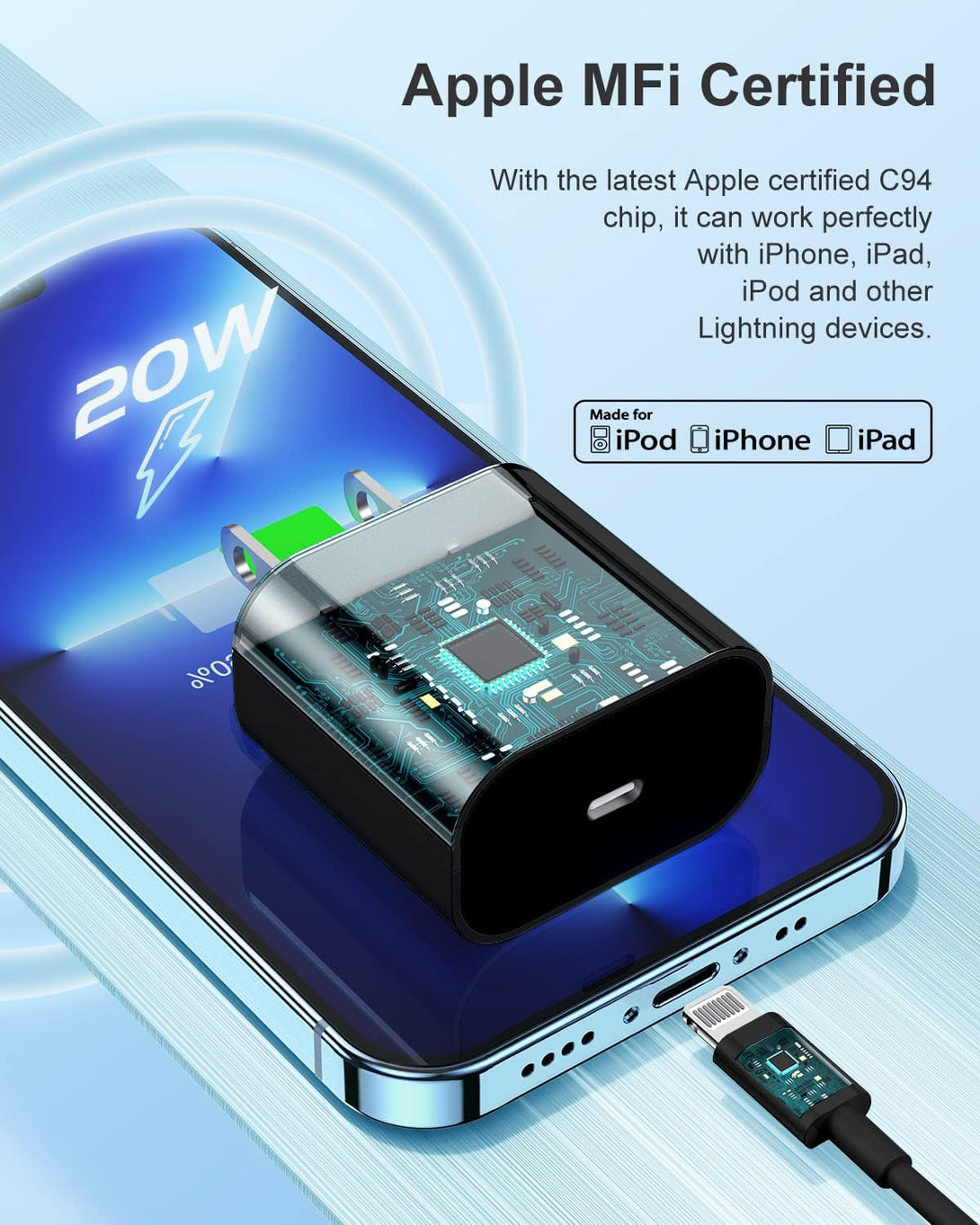 Iphone 14 13 12 Charger Fast Charging, 2 Pack 20W Fast PD USB C Wall Charger Adapter with 3Pack 6Ft USB C to Lightning Cable (Mfi Certified) for 14/14 Plus/14 Pro/14 Pro Max/13/ Black