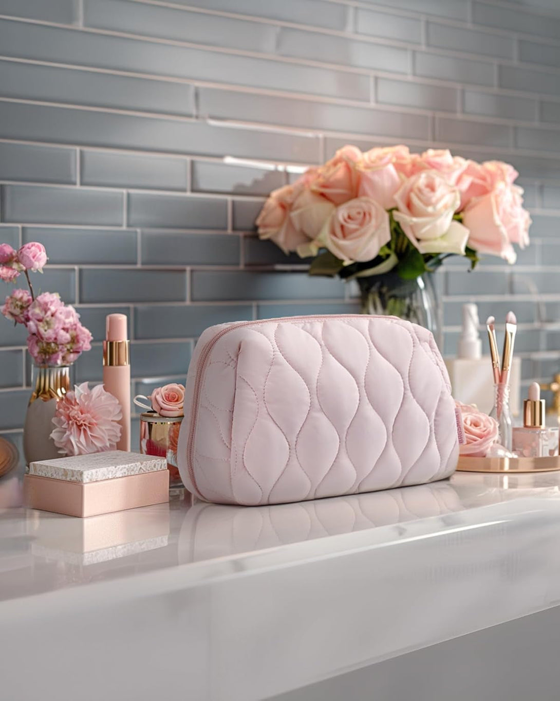 BAGSMART Makeup Bag, Travel Cosmetic Bag, Puffy Padded Make up Bag for Women, Makeup Organizer Case, Wide-Open Pouch Purse, Travel Essentials, Toiletries Accessories Brushes, Pink