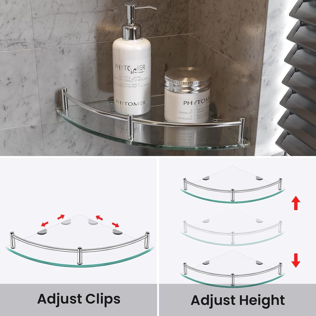 Glass Shower Shelves Caddies Tempered Bathroom Glass Shelf with Rail Wall Mounted Drill Hole for Corner Shower Shelf for inside Shower 2 Pack