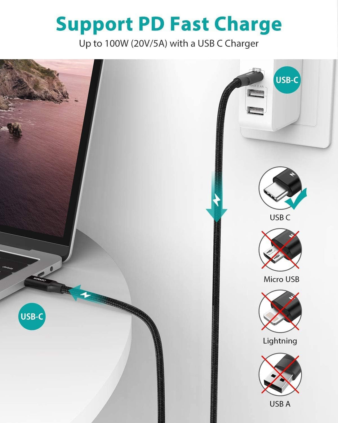 NIMASO USB C 3.1 Gen 2 Cable 10Gbps Data Transfer, 4K Video Output Monitor Cable100W PD Fast Charging for Iphone 16, Macbook, Huawei Matebook, Ipad Pro 2020, Chromebook, KYY, Dell, LG, ARZOPA