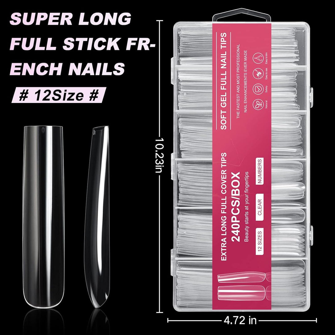 AORAEM Extra Long Square Full Cover Nail Tips 240PCS XXXL Clear Full Cover Fake Nails False Nails 12 Sizes Tapered Square Press on Fake Nail Tips for Acrylic Nails Salons Home DIY with Box