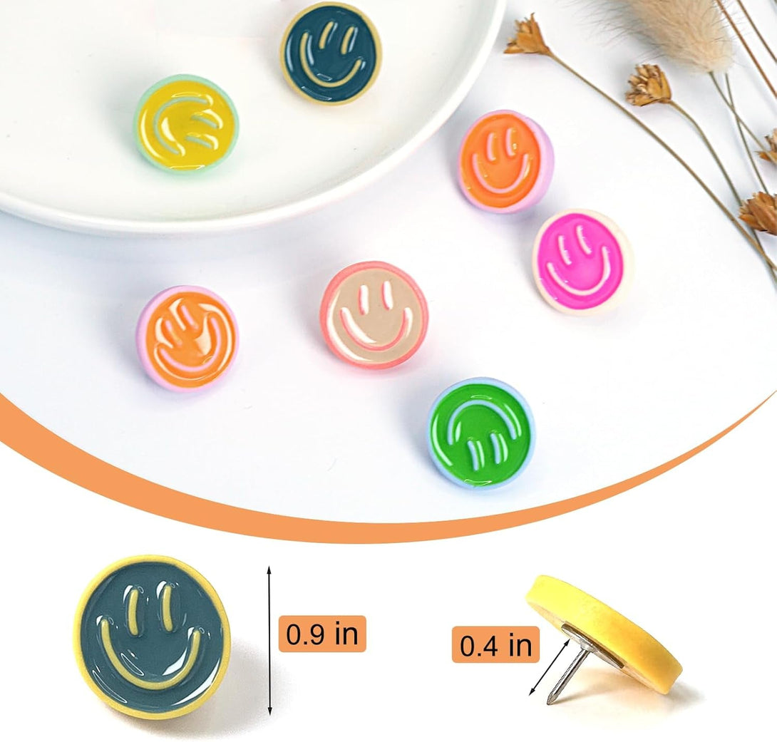 24 Smiley Face Decorative Push Pins, Cute Bulletin Board Push Pins, Thumbtacks for Cork Boards, Office Organization, or Home Décor (24-Colourful)