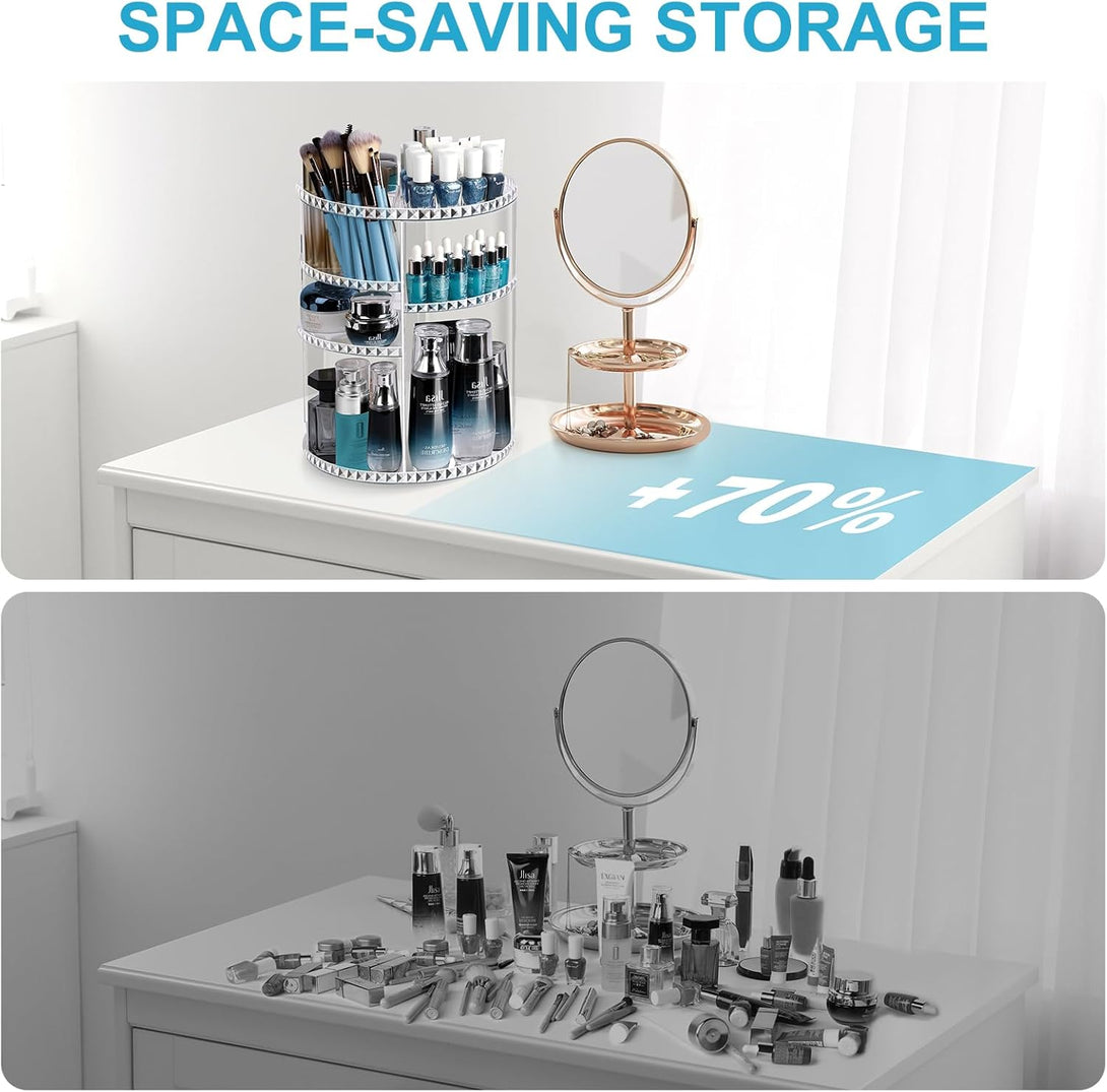 360° Rotating Makeup Organizer, Large Capacity Vanity Organizer with DIY Adjustable Trays, Makeup Brush Perfume Skincare Organizer Spinning Holder Shelf Storage Rack for Bathroom, Bedroom