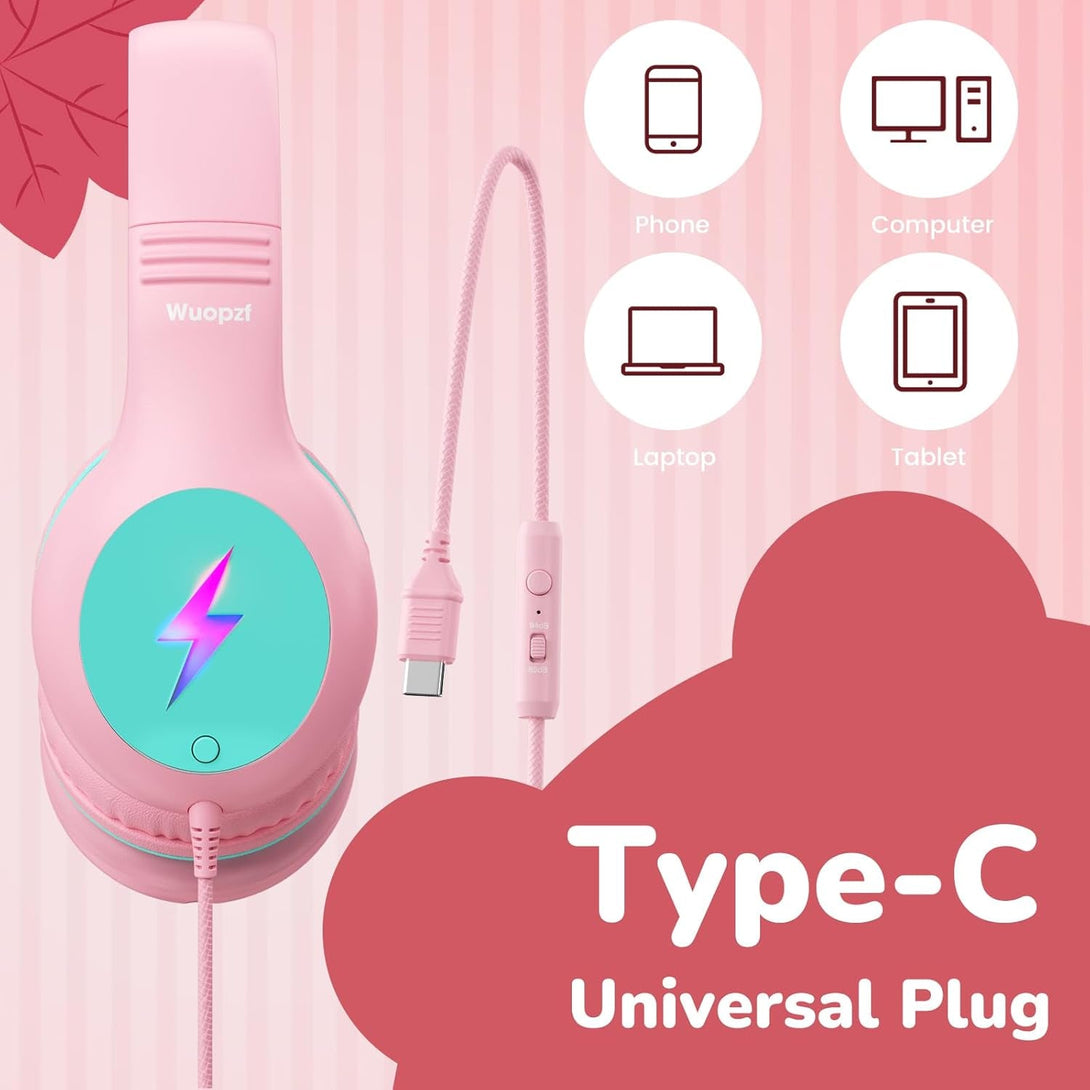 Kids USB C Headphones for School, 2025 Upgrade Safe Listening Wired Over-Ear Headphones with LED Lights, Volume Limiter & Microphone, Foldable Design for Iphone 16, Ipad, Tablet Learning