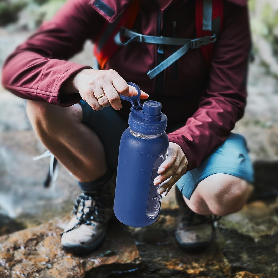 64 Oz Glass Water Bottle with Straw and Handle, Half Gallon Sports Motivational Water Jug Flask with Silicone Sleeve, Large Water Cup with Time Marker for Travel, Gym, Black