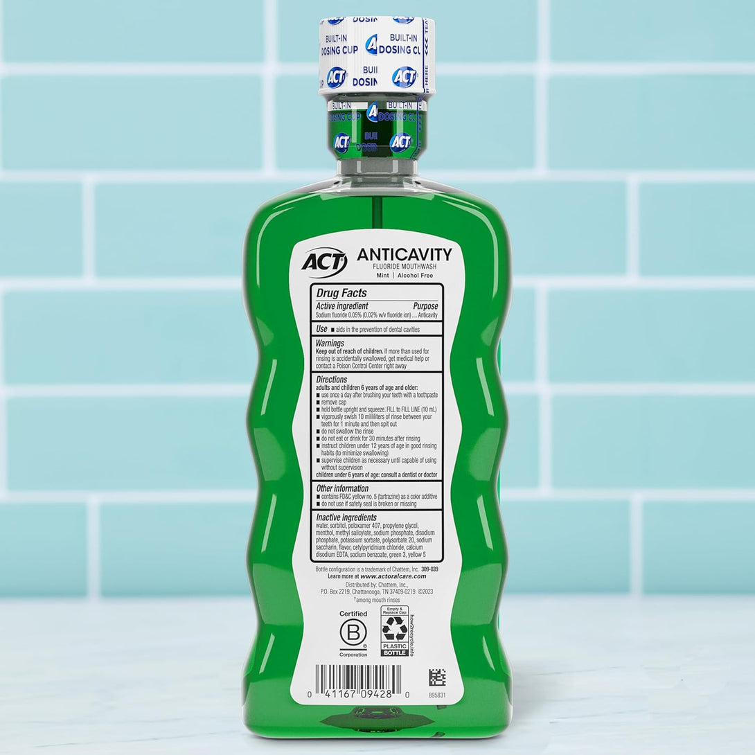 ACT Anticavity Zero Alcohol Fluoride Mouthwash 18 Fl. Oz., with Accurate Dosing Cup, Mint