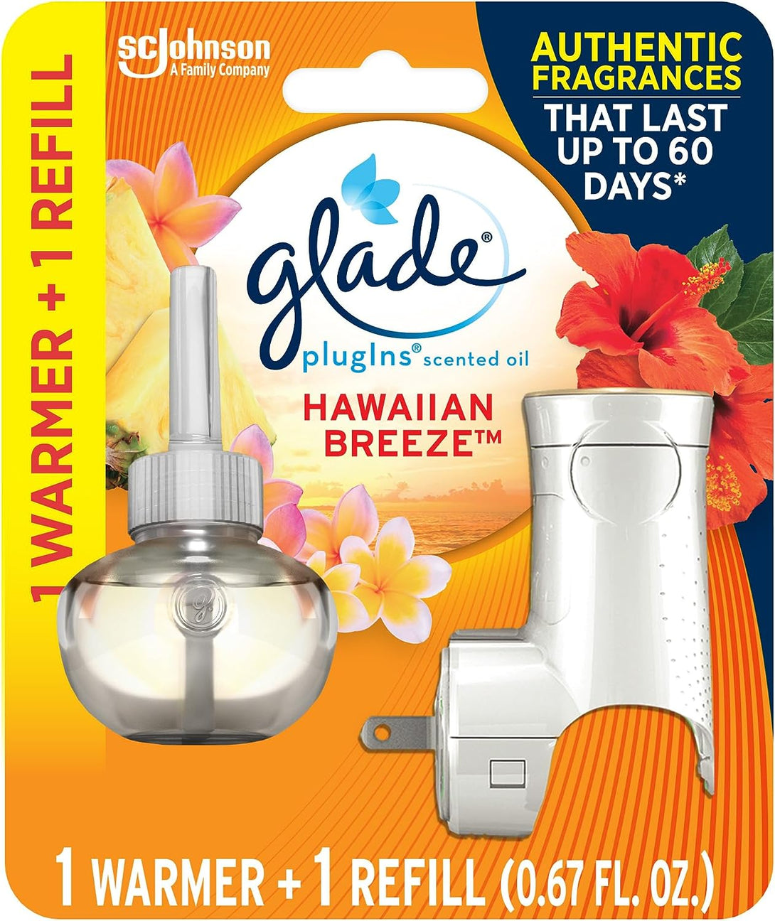 Glade Plugins Refills Air Freshener Starter Kit, Scented Oil for Home and Bathroom, Hawaiian Breeze, 0.67 Fl Oz, 1 Warmer + 1 Refill