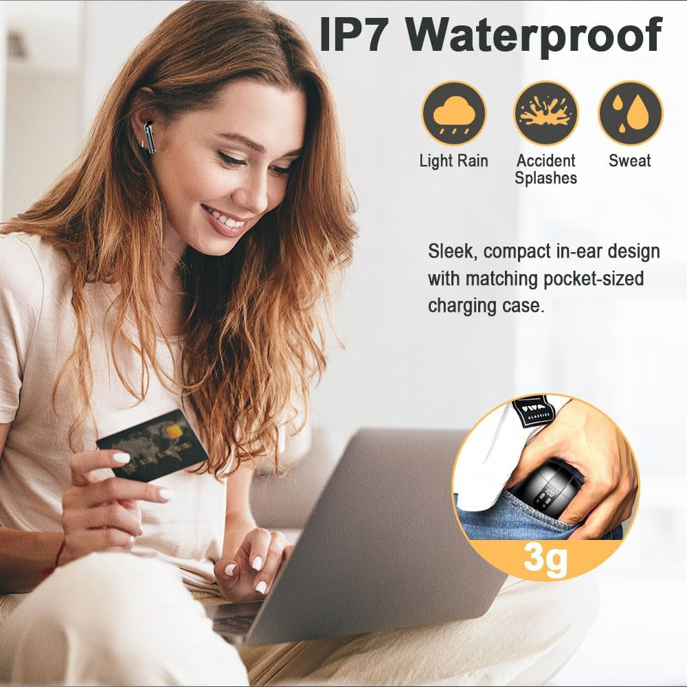 Wireless Earbuds, Bluetooth Headphones V5.4 Stereo Bass Ear Buds with ENC Noise Cancelling Mics,56H Bluetooth Earbuds with LED Display Charging Case, IP7 Waterproof Earphones for Android Ios, Black